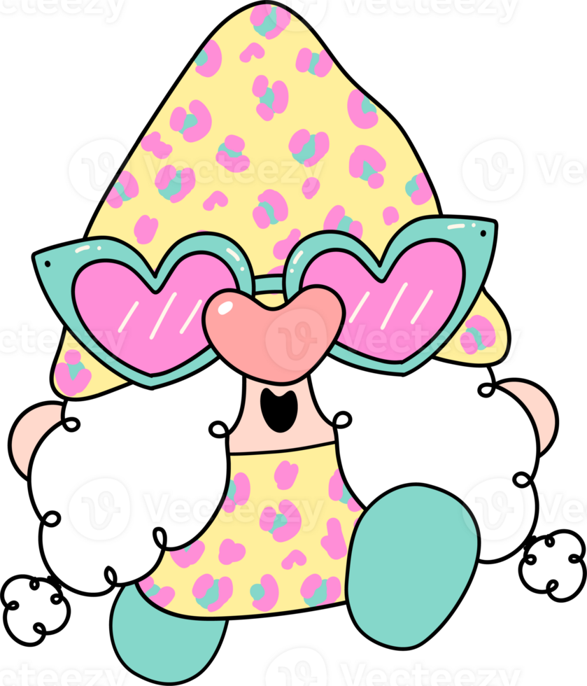 Colorful Groovy Leopard Gnome Cartoon with Heart Glasses in Bold Hand Drawn Style png
