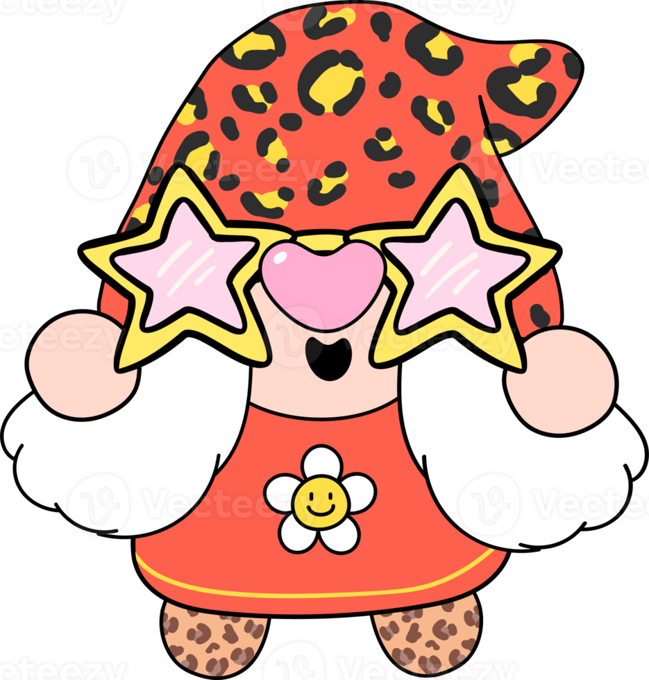 Groovy Retro Leopard Gnome Cartoon with Star Glasses png
