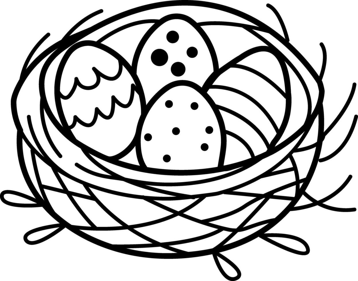 Bird nest with decorative eggs icon in doodle style vector