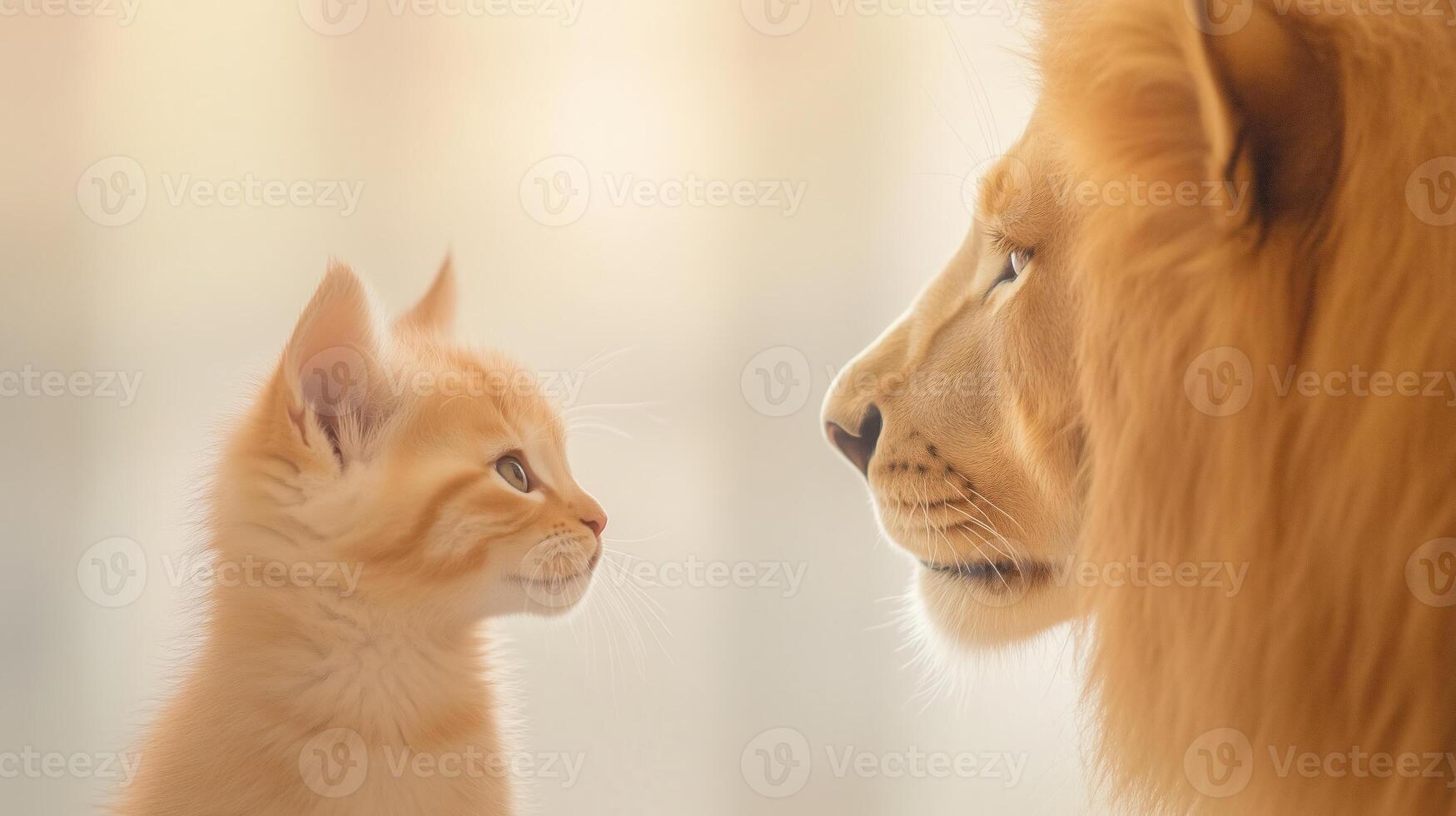 Lion Gazing at Kitten Reflection Highlighting Inner Strength and Imagination with Surreal Animal Concept and Inspirational Message in Soft Warm Tones for Motivational Stock Photography photo