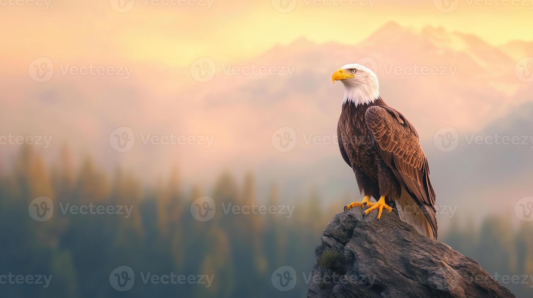 Majestic Bald Eagle Perched on a Rugged Cliff Overlooking a Scenic Mountain Landscape at Sunset with Soft Golden Light photo