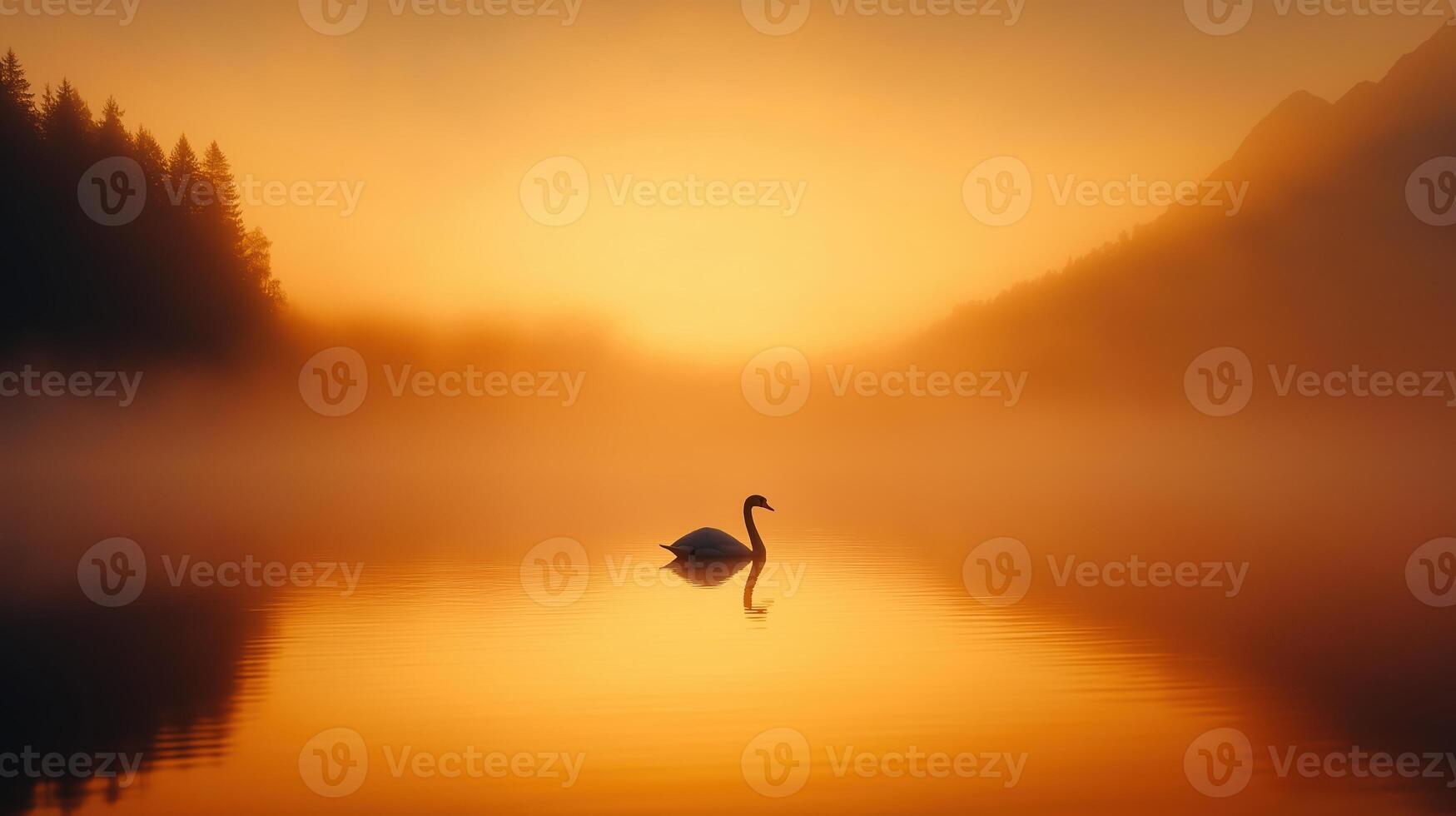 Elegant Swan Gliding Across a Tranquil Lake Reflecting Golden Sunrise in Mystical Mountain Landscape with Lush Forests and Majestic Serenity Capturing Nature Beauty and Peaceful Harmony photo