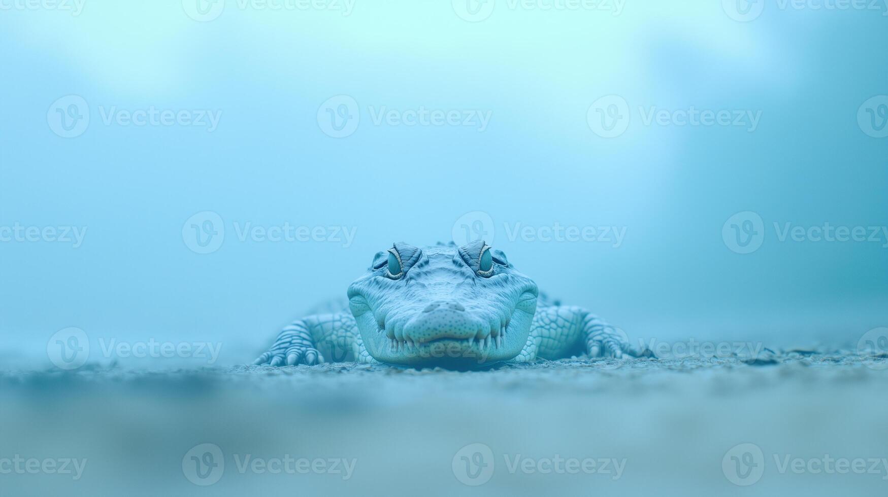 Crocodile Lying with Open Mouth Near Water's Edge in Misty Atmosphere Showcasing Serene Nature Scene with Soft Blue Hues photo