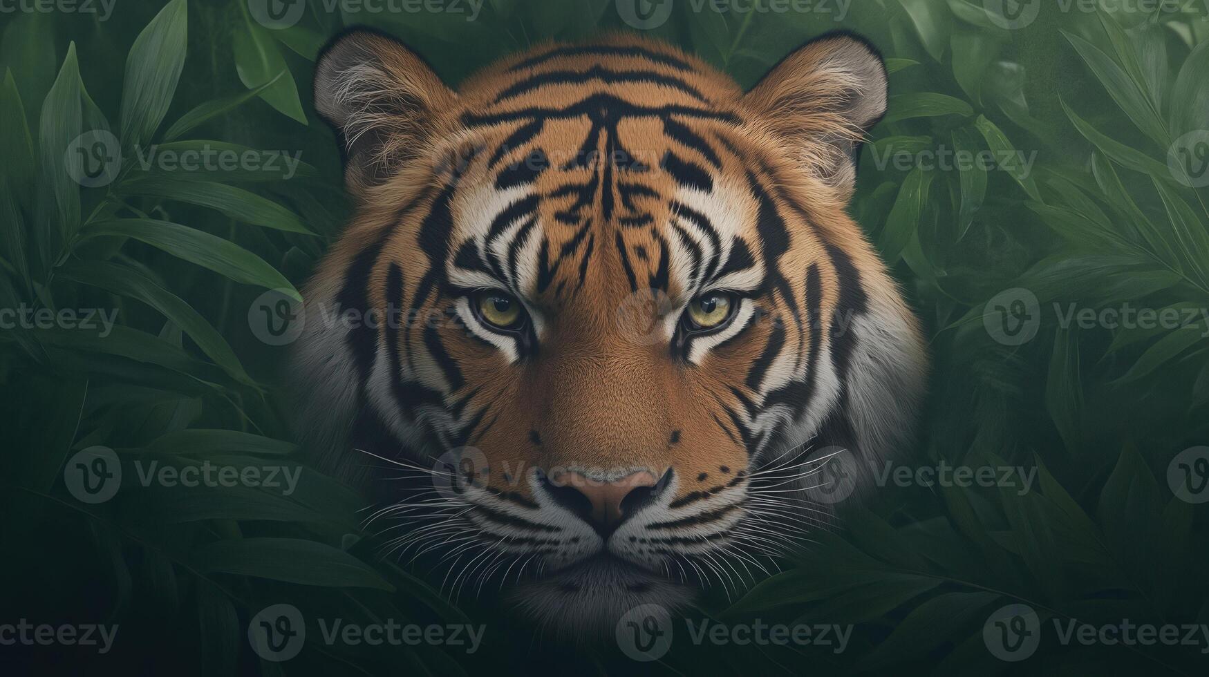 Intense Gaze of a Fierce Tiger Amidst Dense Green Jungle Foliage Celebrating International Tiger Day with Majestic Prowling and Powerful Presence in Natural Wild Habitat, Wildlife Conservation photo