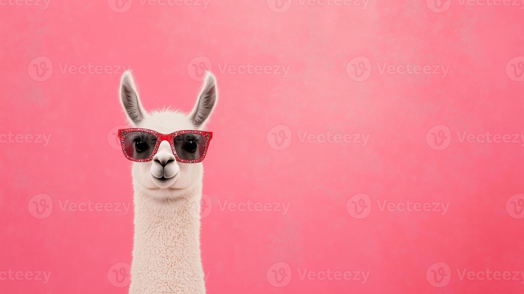 Stylish Llama Wearing Chic Red Sunglasses Against Bright Pink Background, Highlighting Fun and Quirky Animal Fashion Trend in Vibrant Colors for Creative and Modern Design Concepts photo