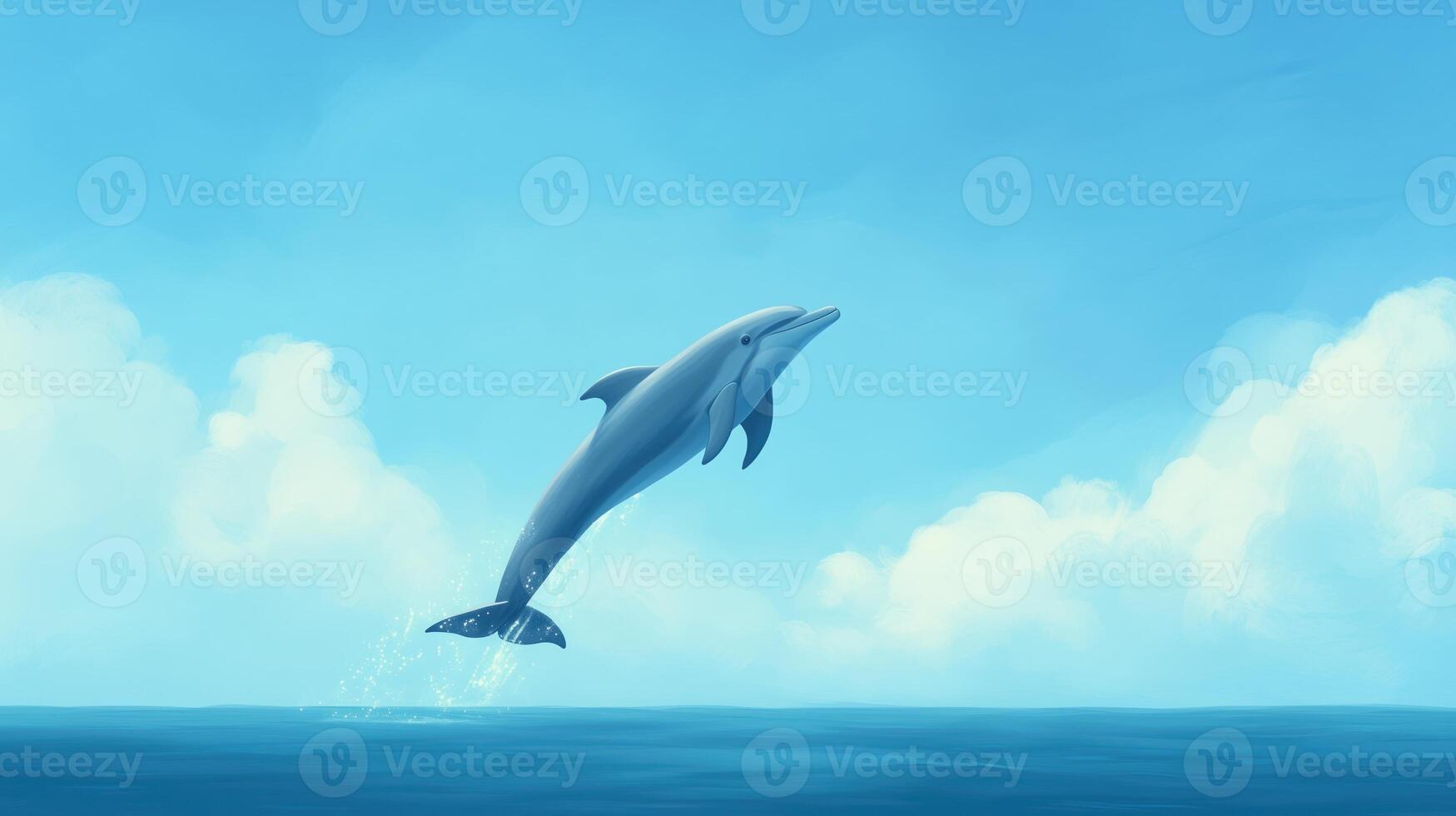 Graceful Dolphin Leaping Out Of Crystal Clear Ocean Waters Under A Vibrant Blue Sky With Puffy White Clouds photo