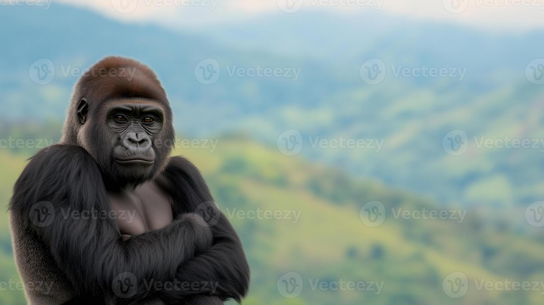 Majestic Gorilla Posing with Arms Crossed in Serene Jungle Setting Against a Lush Green Mountain Landscape photo