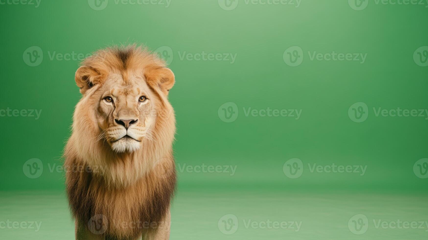 Majestic Lion Posed Against Green Screen Backdrop in Studio Setting for Stock Photography and Conceptual Design Projects Featuring Bold Background and Vintage Circus Elements photo