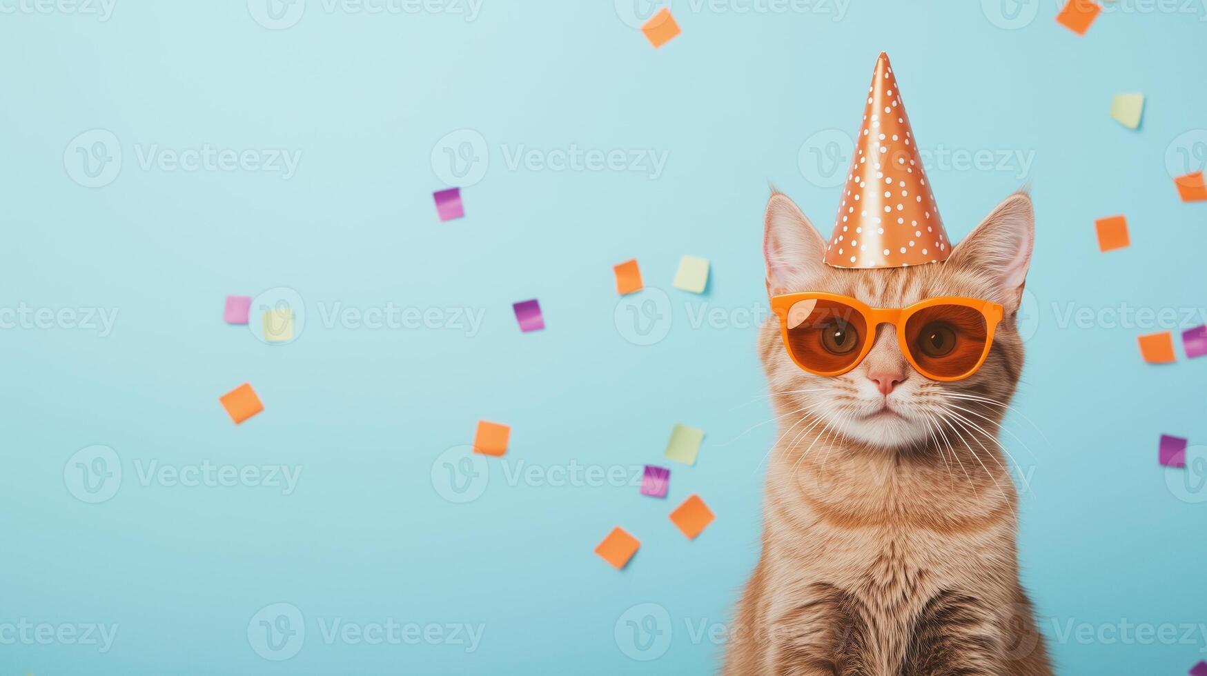 Orange Tabby Cat With Party Hat and Sunglasses on Blue Background With Colorful Confetti Perfect for Celebration and Festive Themes and Pet Lifestyle and Quirky Holiday Designs photo