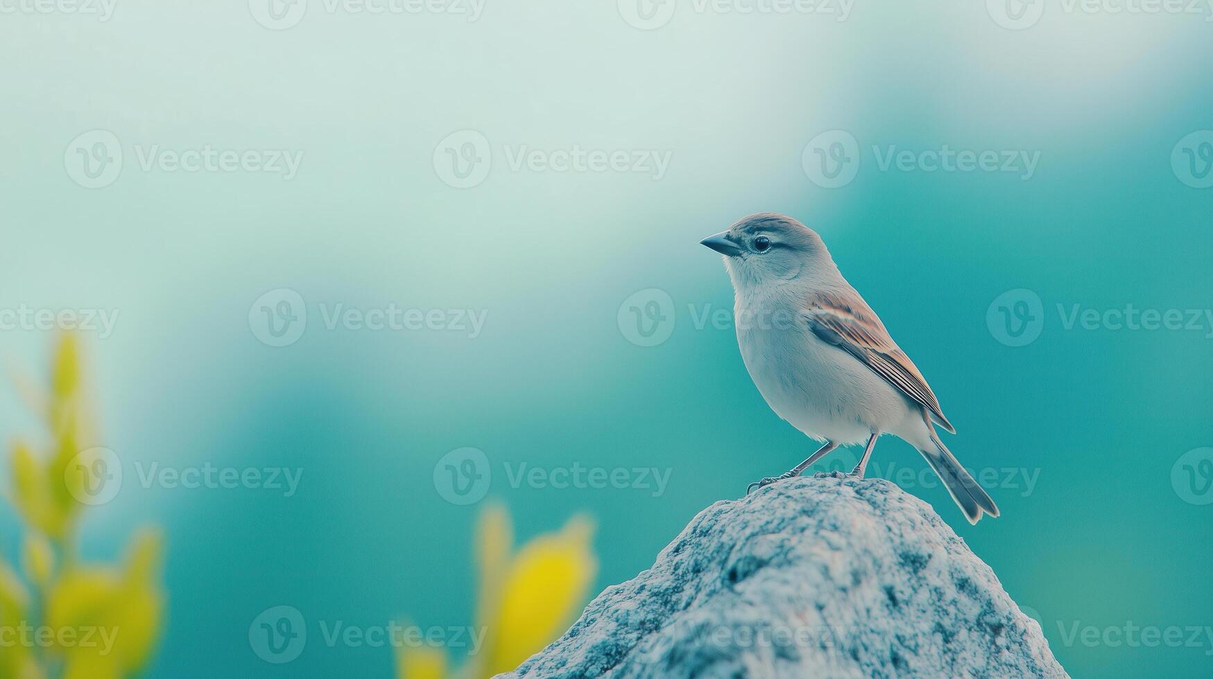 Tranquil House Sparrow Perched on Rock in Nature Setting with Soft Focus Background Showcasing Elegance and Simplicity photo