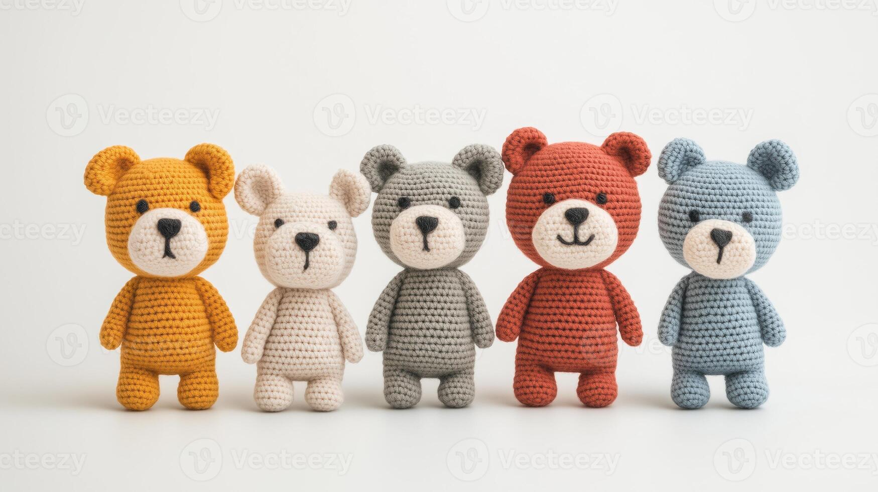 Cute Amigurumi Bears in Minimalist Style with Assorted Colors and Expressions Against White Background photo