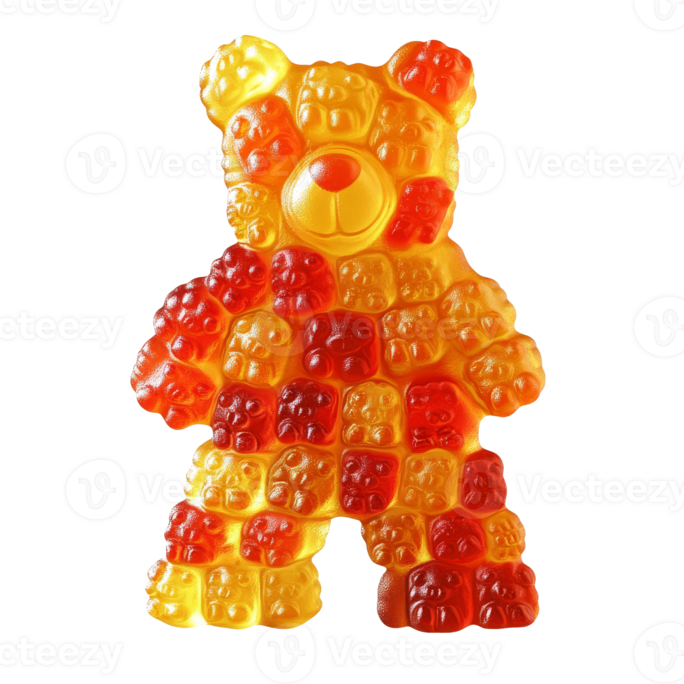 Large gummy bear made of colorful candy pieces png