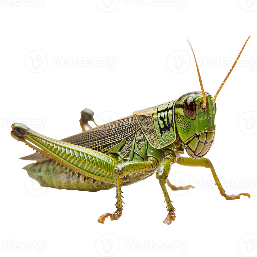 Green grasshopper resting on a white surface png