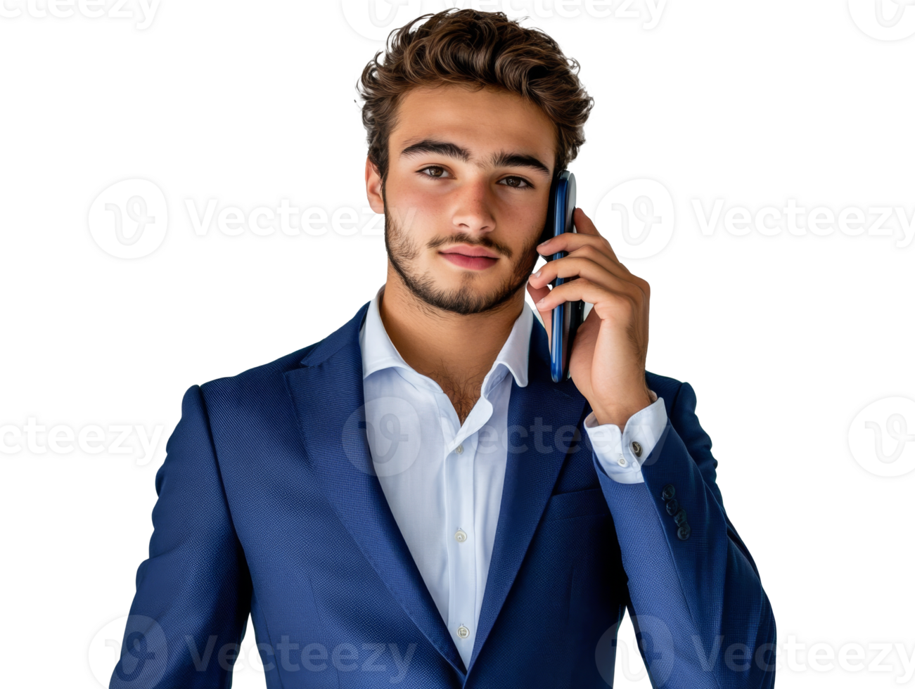 Young man in formal attire talking on the phone png