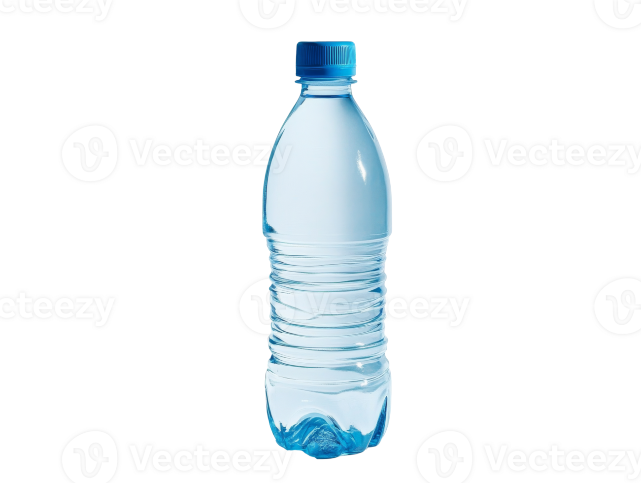 Blue capped clear water bottle on display png