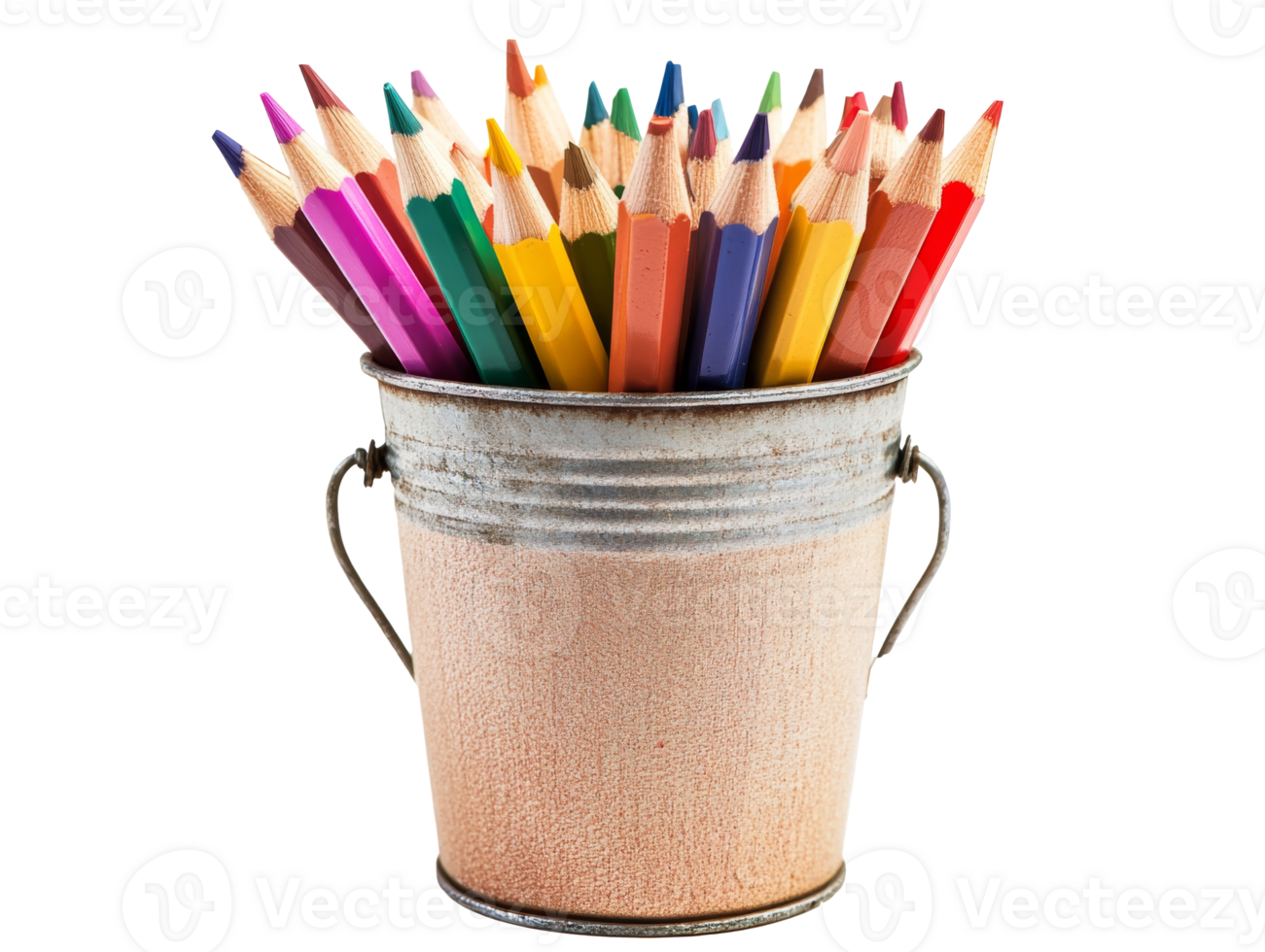 Colorful pencils arranged in a metal bucket png