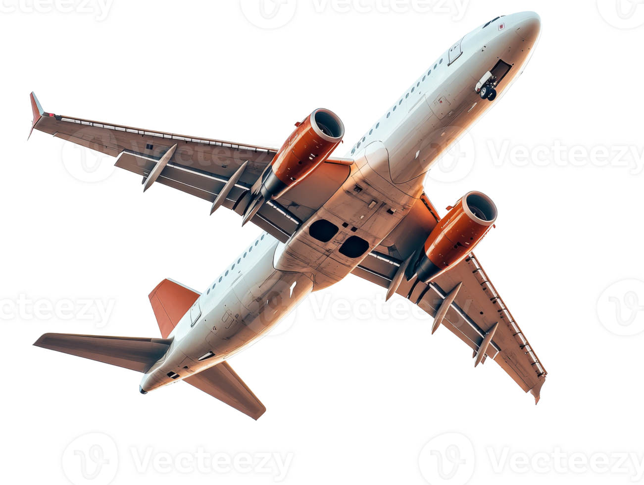 Commercial jet flying overhead in a clear sky png