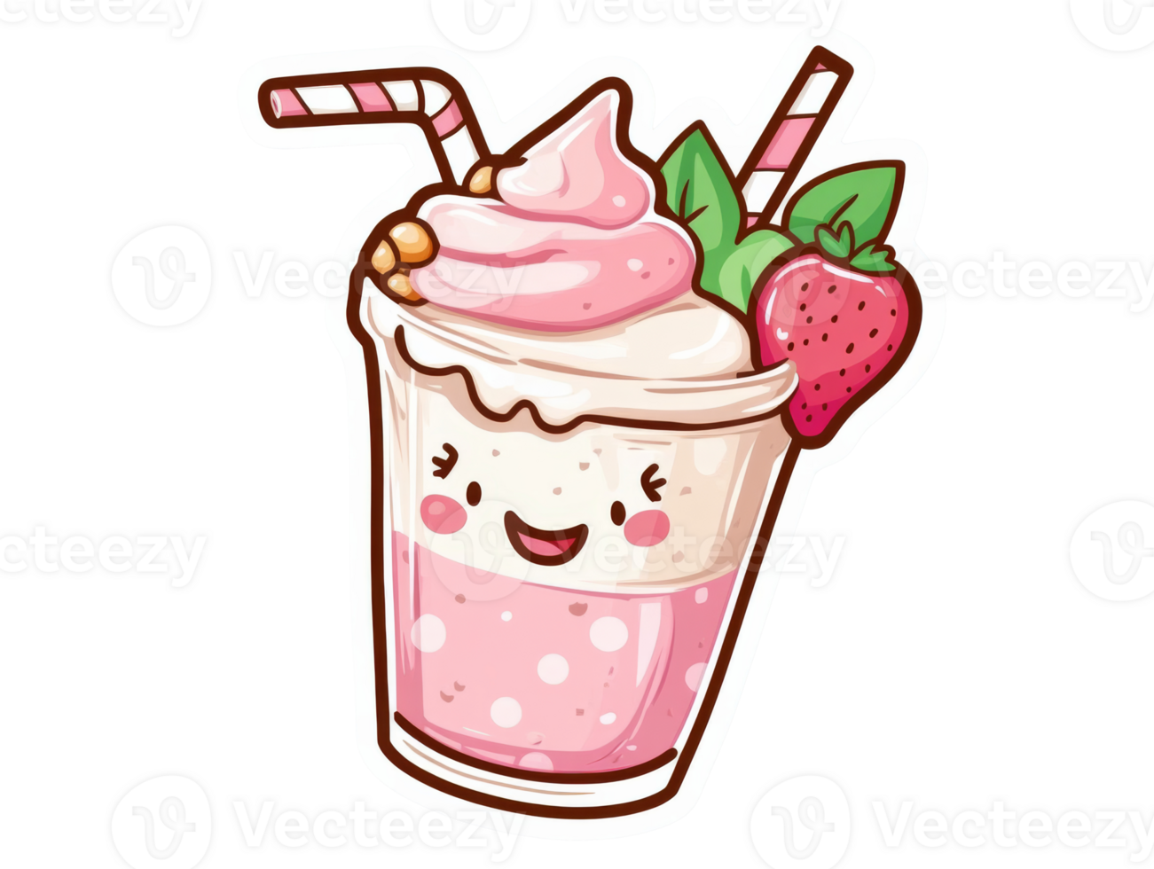 Cute strawberry milkshake with smiling face design png
