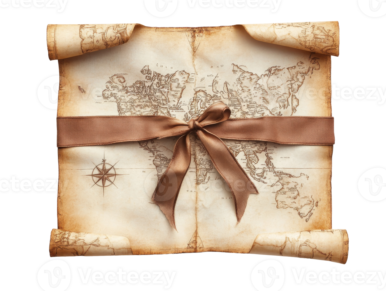 Old treasure map with ribbon displayed on table png