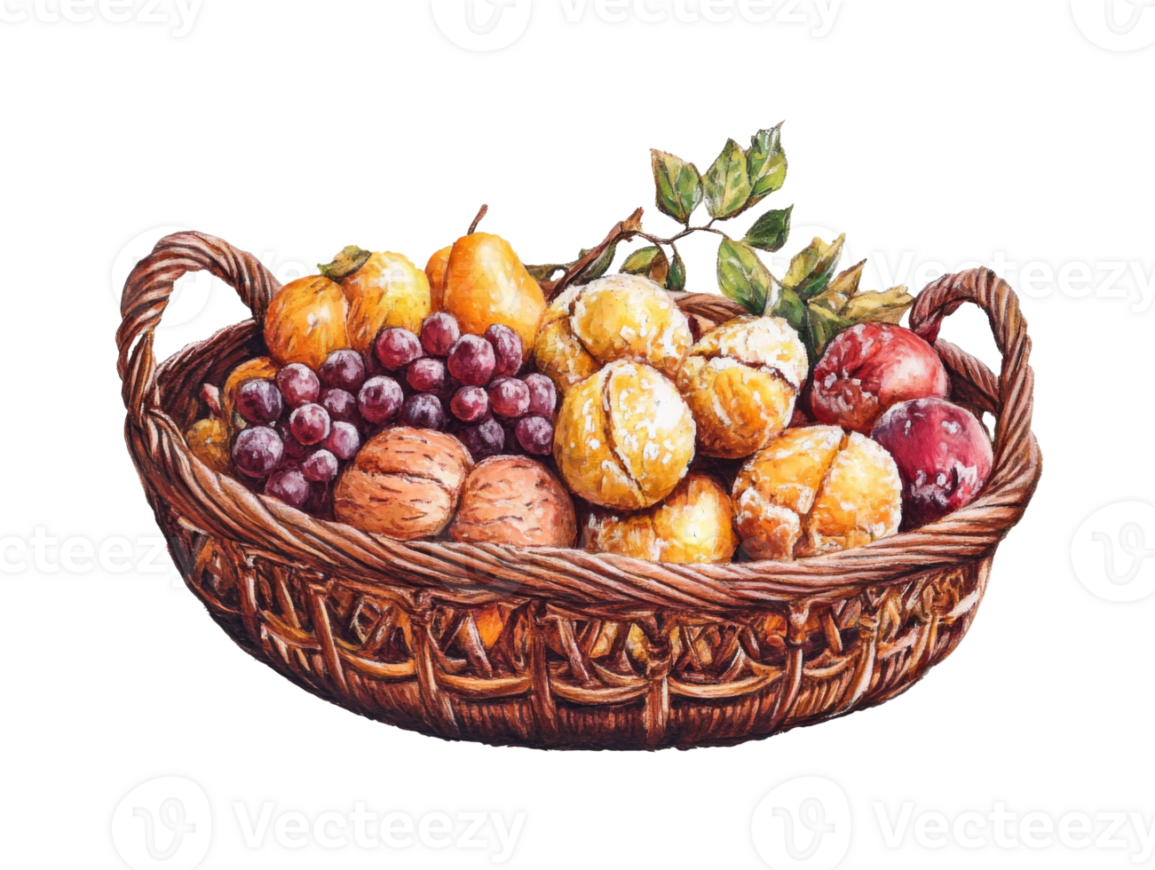 Fresh fruit basket with assorted fruits and nuts png
