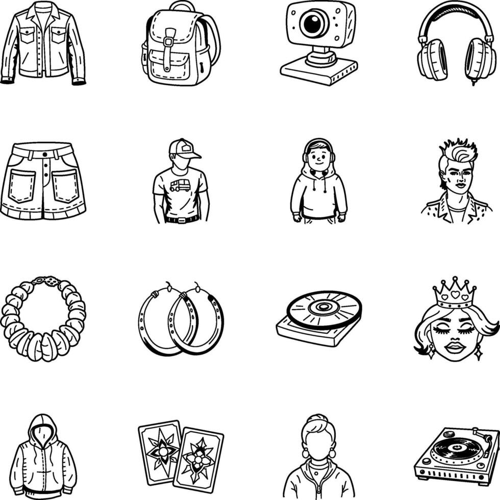 Collection of y2k Apparel and accessories doodle Icons vector