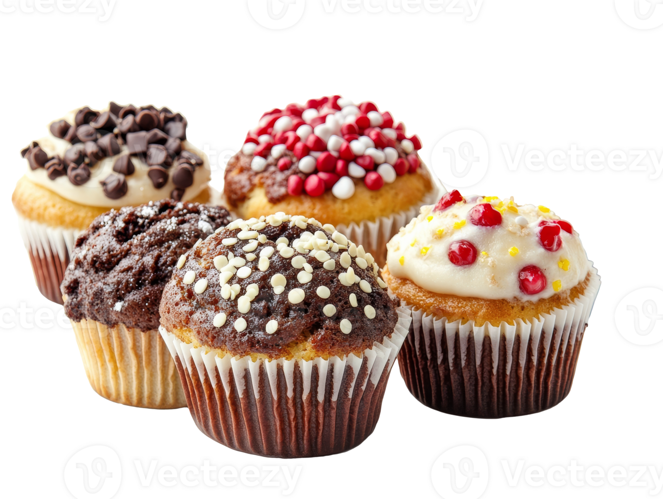 Delicious variety of colorful cupcakes on display png