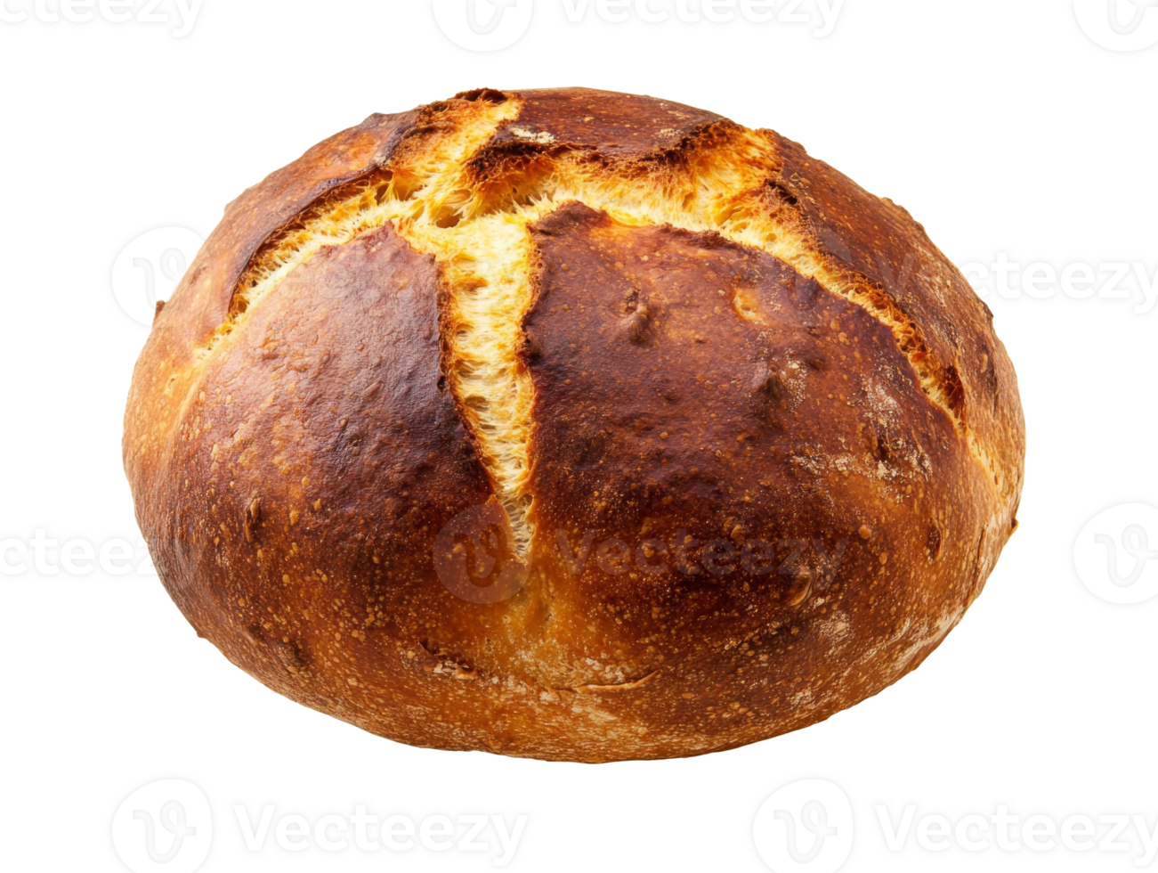 Freshly baked round bread with golden crust png