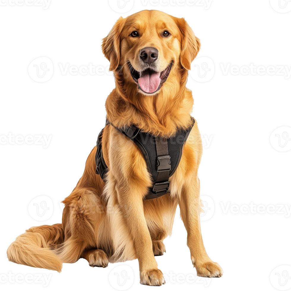 Golden retriever in a harness sitting calmly png