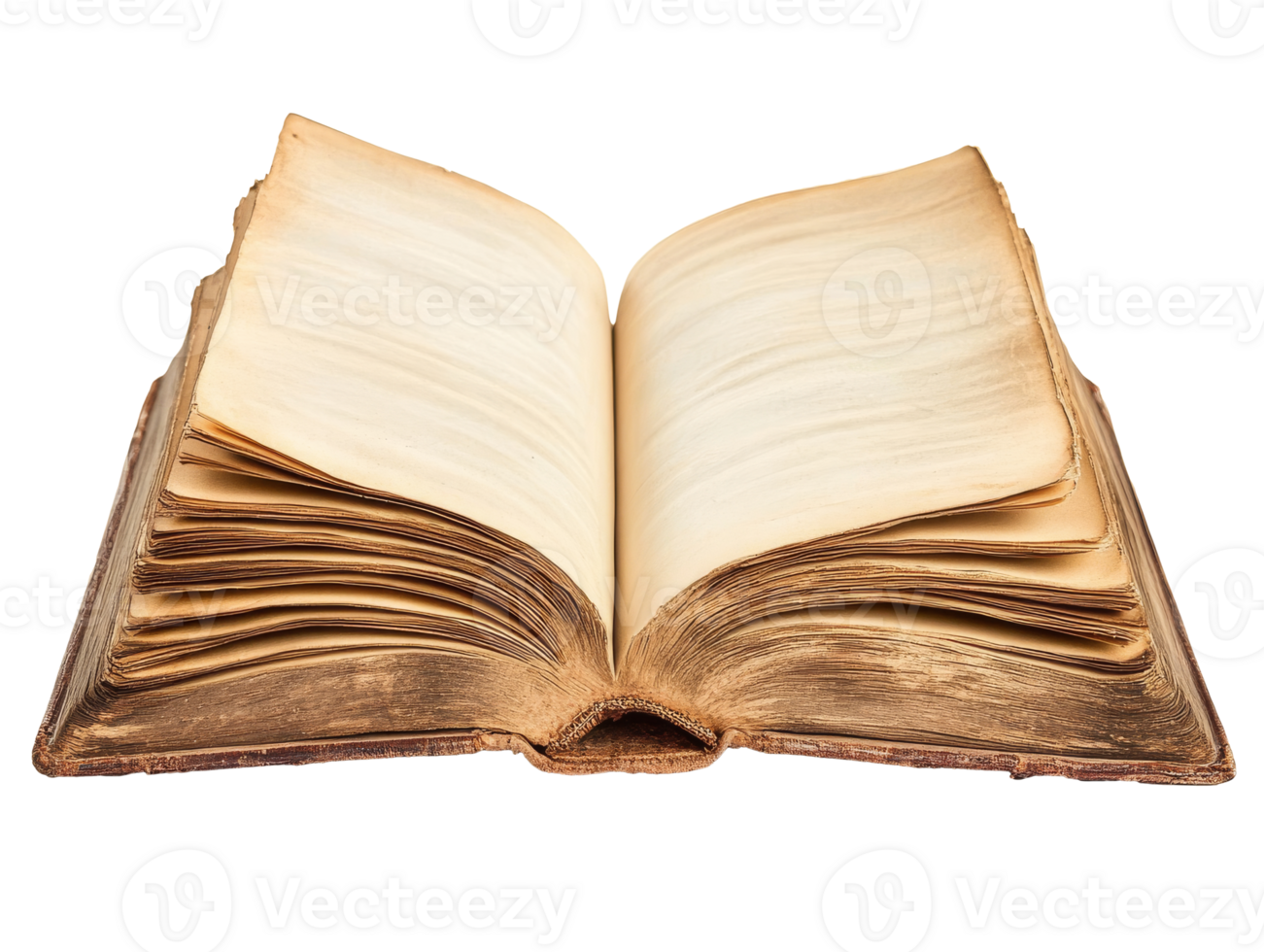 Open vintage book with worn pages and binding png