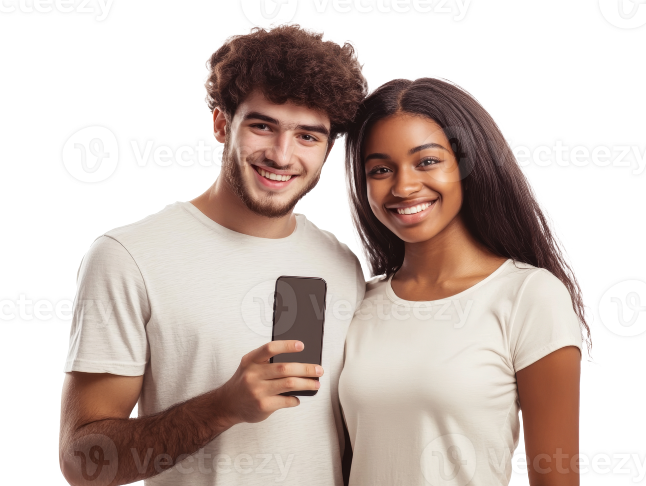 Smiling couple with a phone png