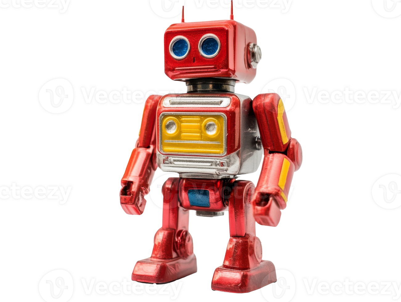 Vintage toy robot stands on display at a fair png