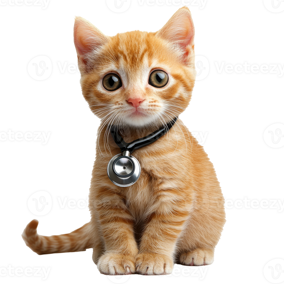 Cute orange kitten with stethoscope collar png