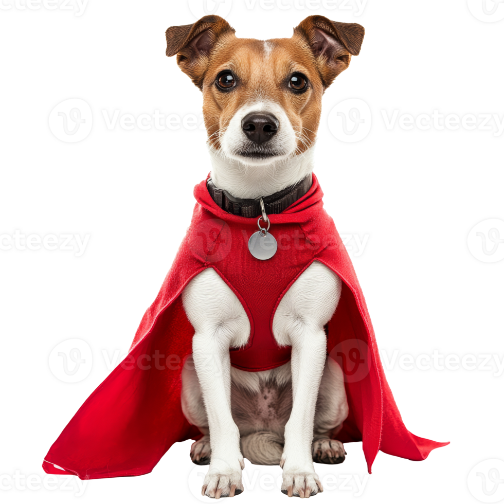 Dog dressed as a superhero in a red cape png