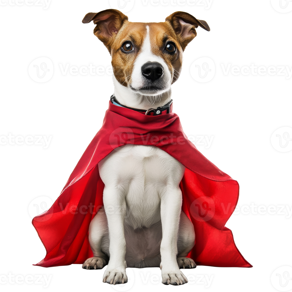 Dog dressed as a superhero in a red cape png