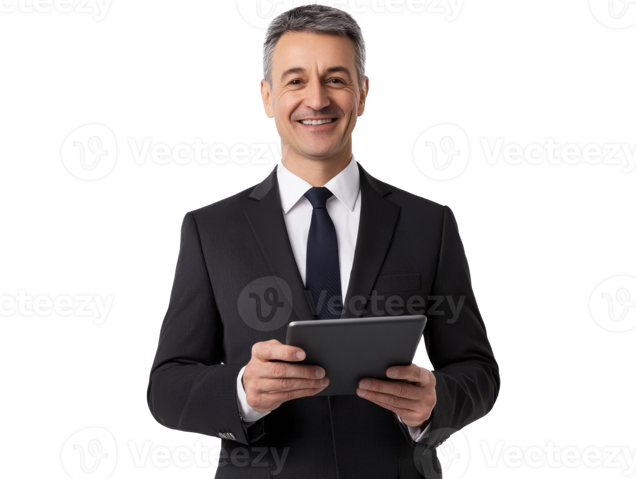Businessman with tablet, smiling png