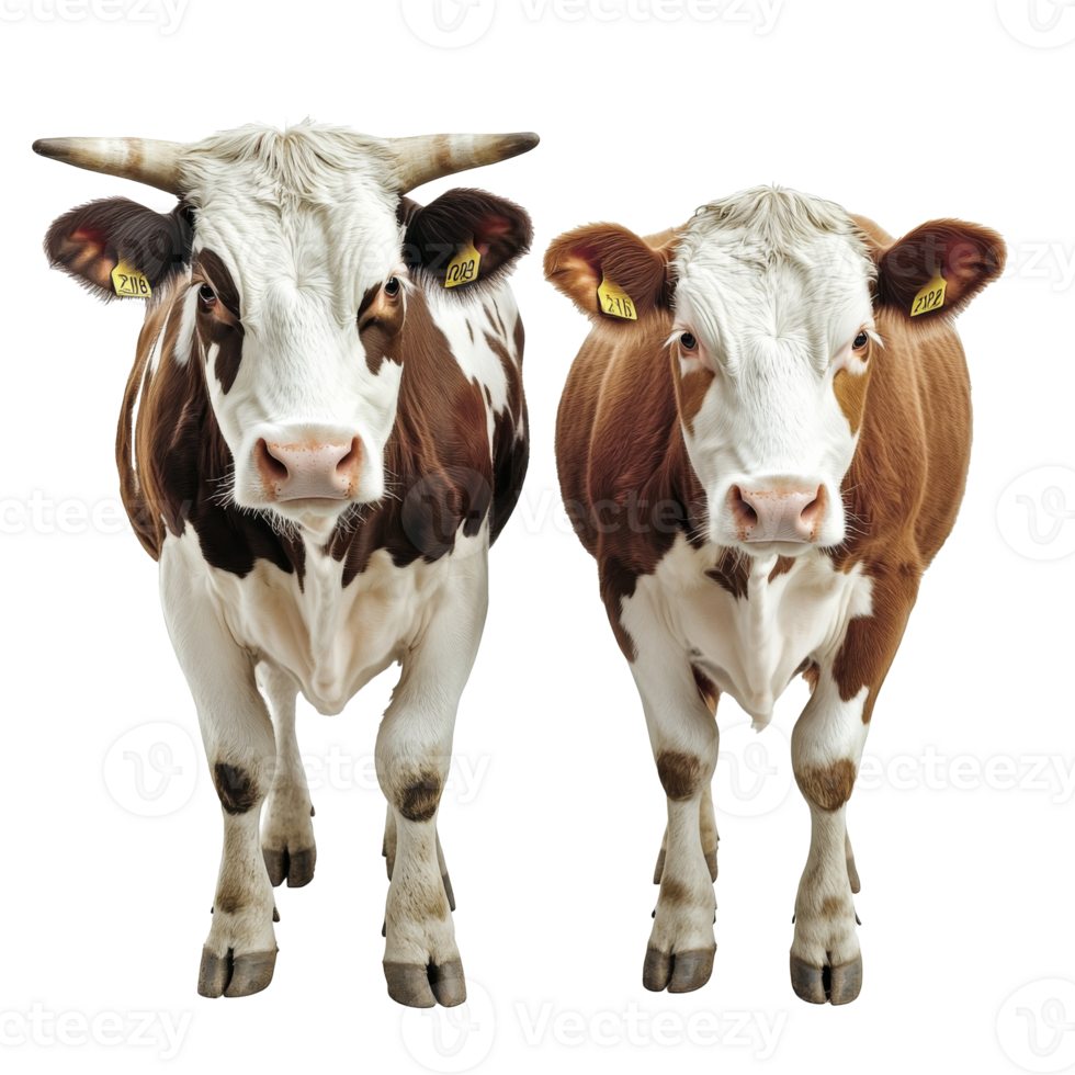 Two cows standing close together on a farm png