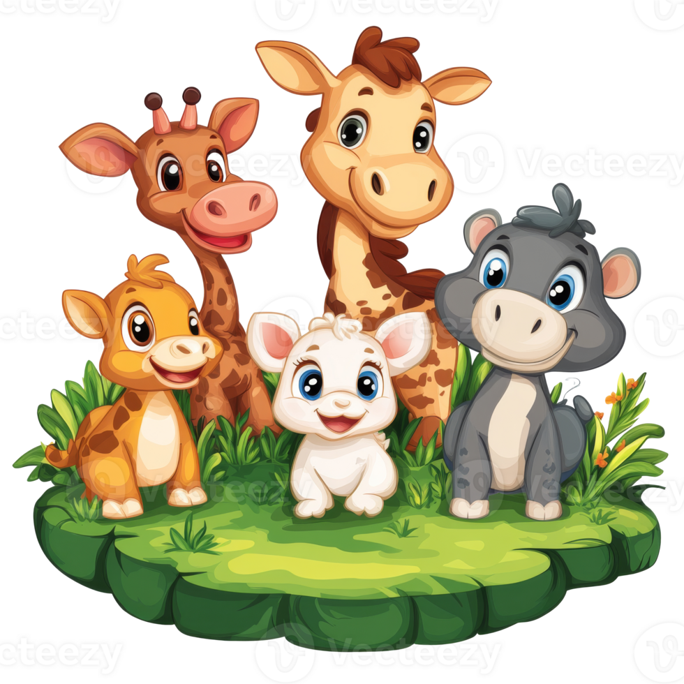 Cute animated animals gathered in a lush setting png