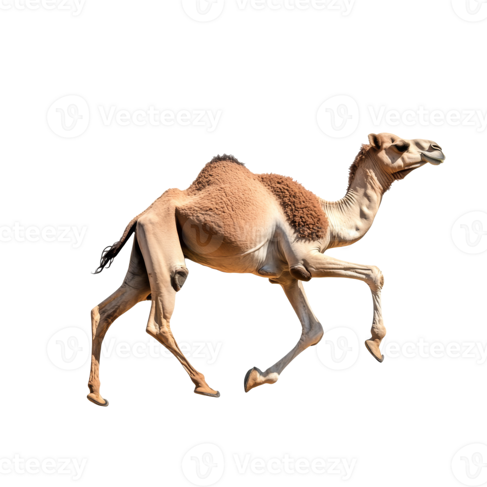 Camel running across a sandy desert landscape png