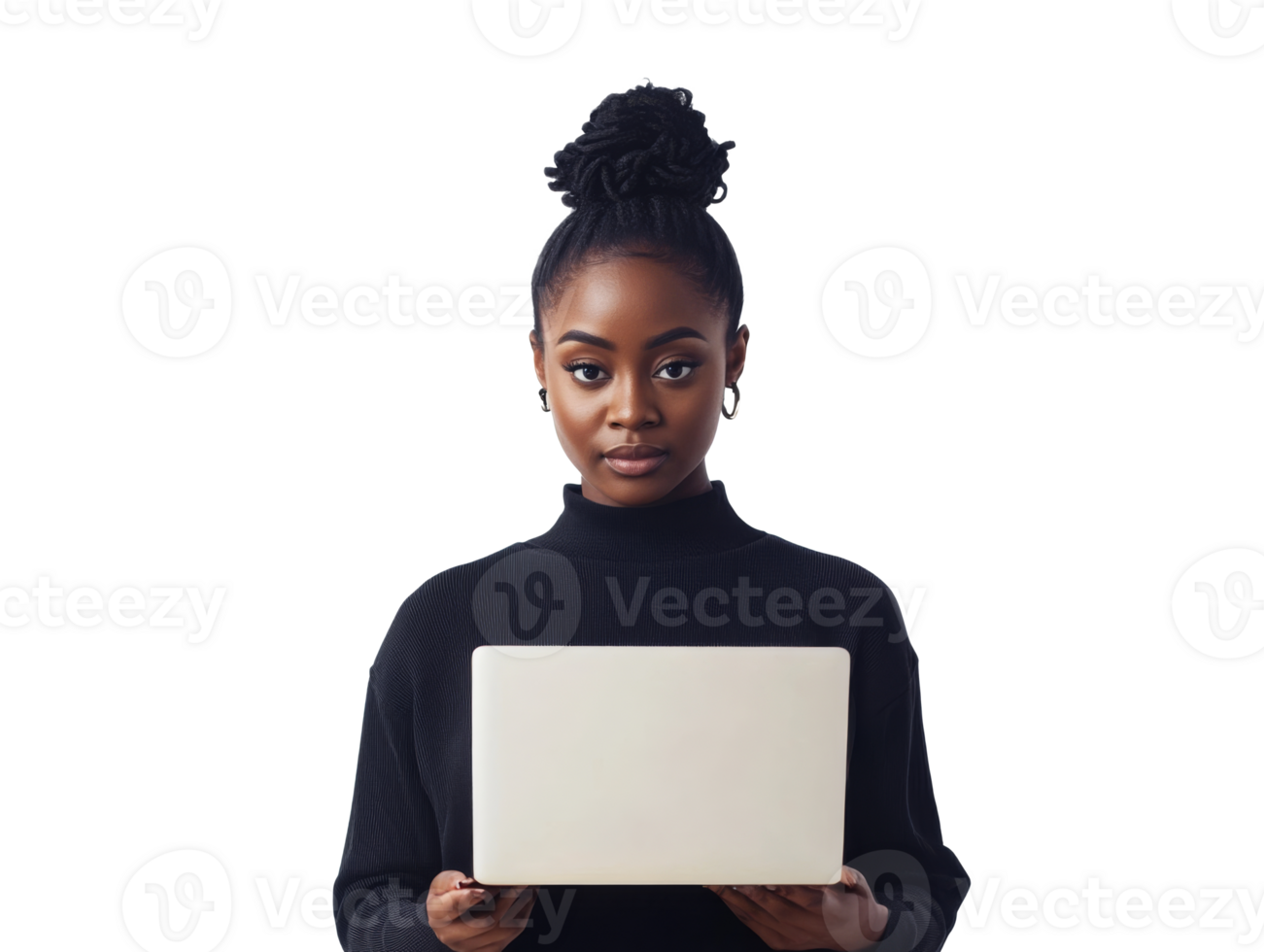 Focused woman with laptop in modern space png