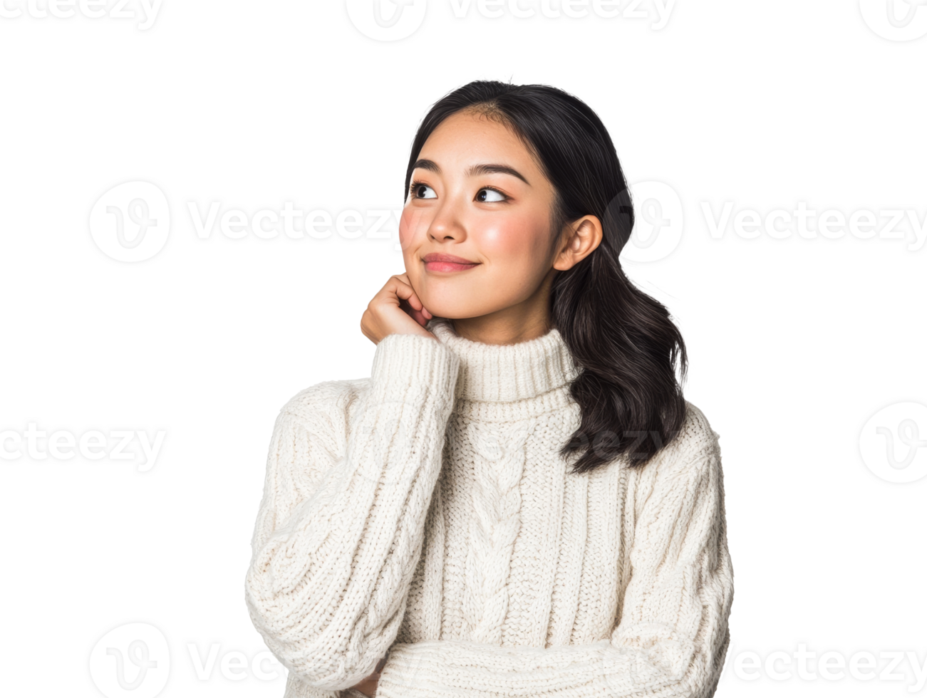 Young woman contemplating in cozy sweater indoors png