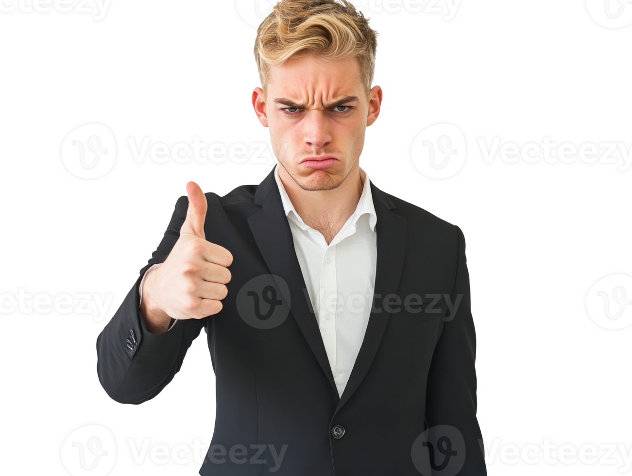 Man in suit expressing mixed feelings with gesture png