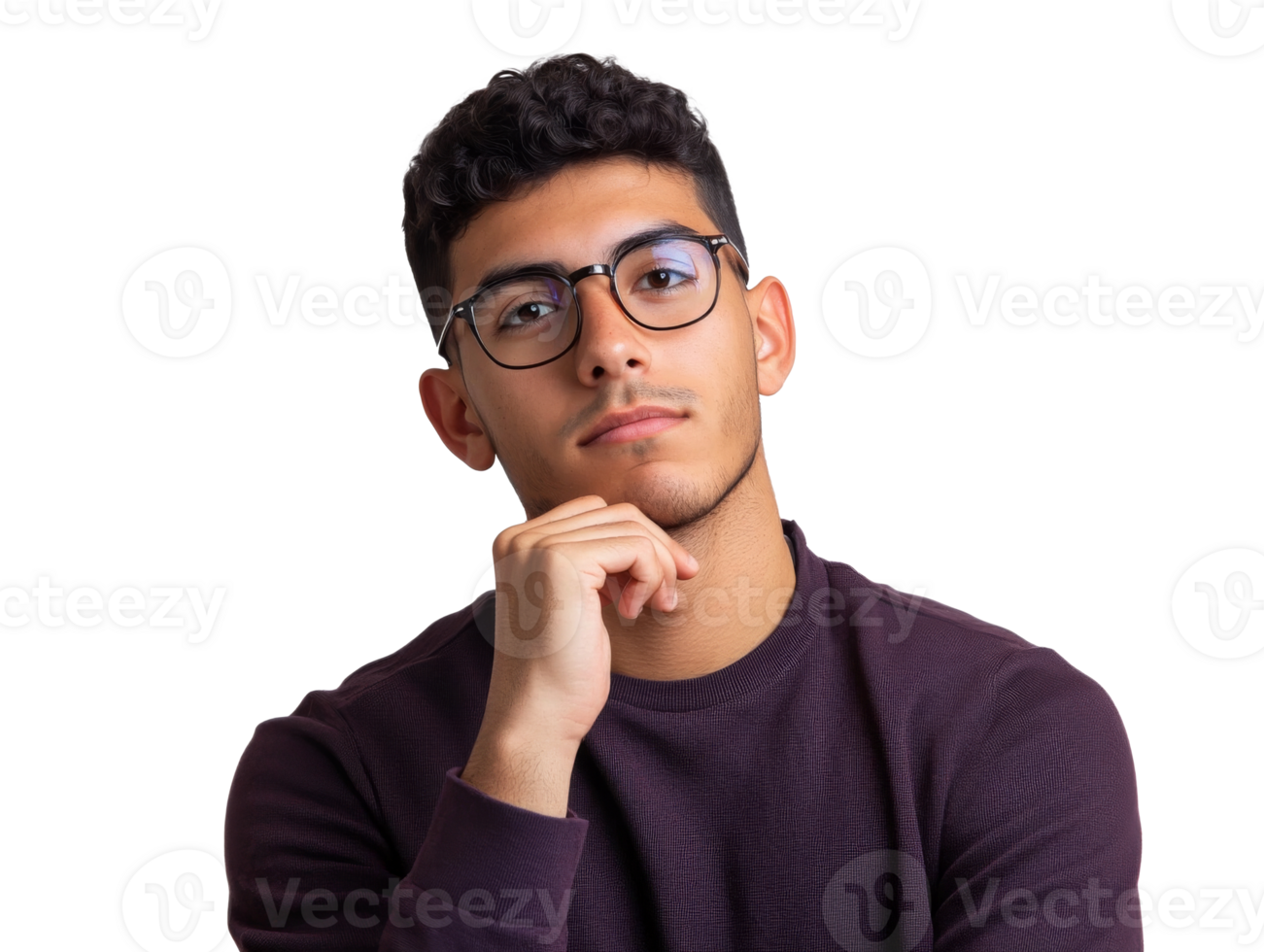 Young man in thoughtful pose with glasses png