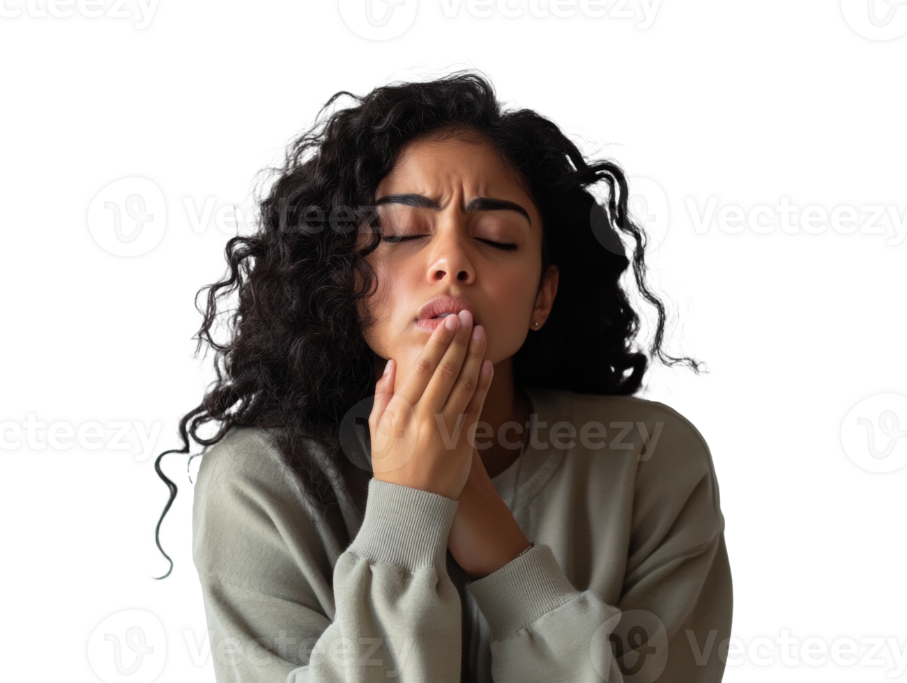 Young woman in a thoughtful, discomfort pose png