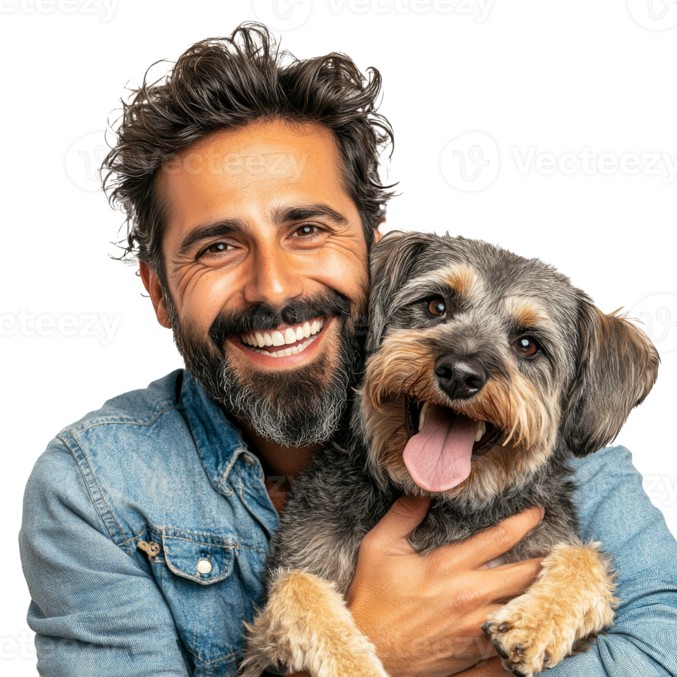 Man happily embraces dog in a joyful moment png
