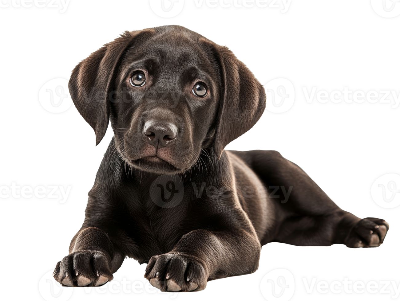 Playful black lab puppy lying on white background png