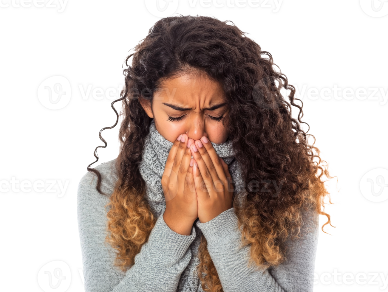 Emotional woman expressing sadness indoors png
