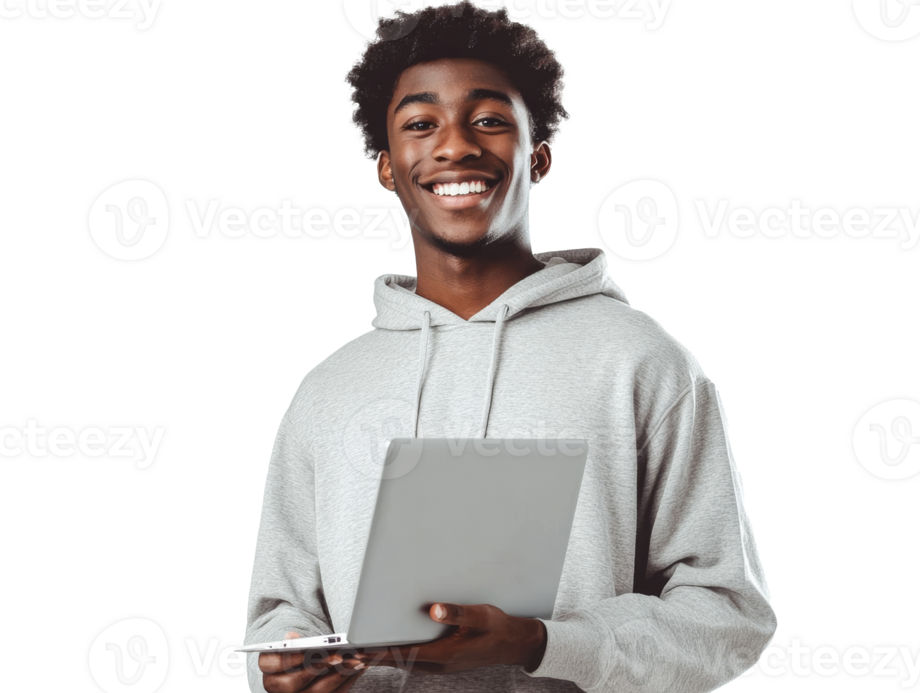 Smiling young man holding a laptop indoors png
