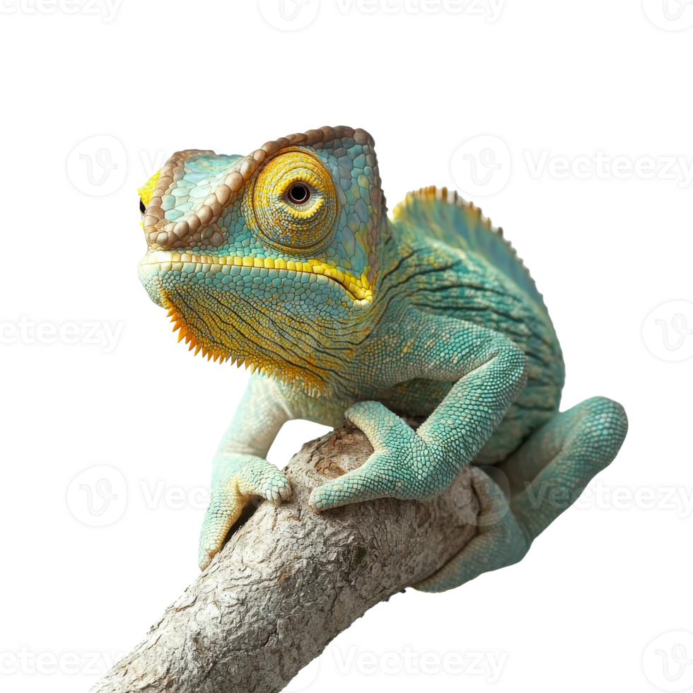 Colorful chameleon perched on a branch in sunlight png