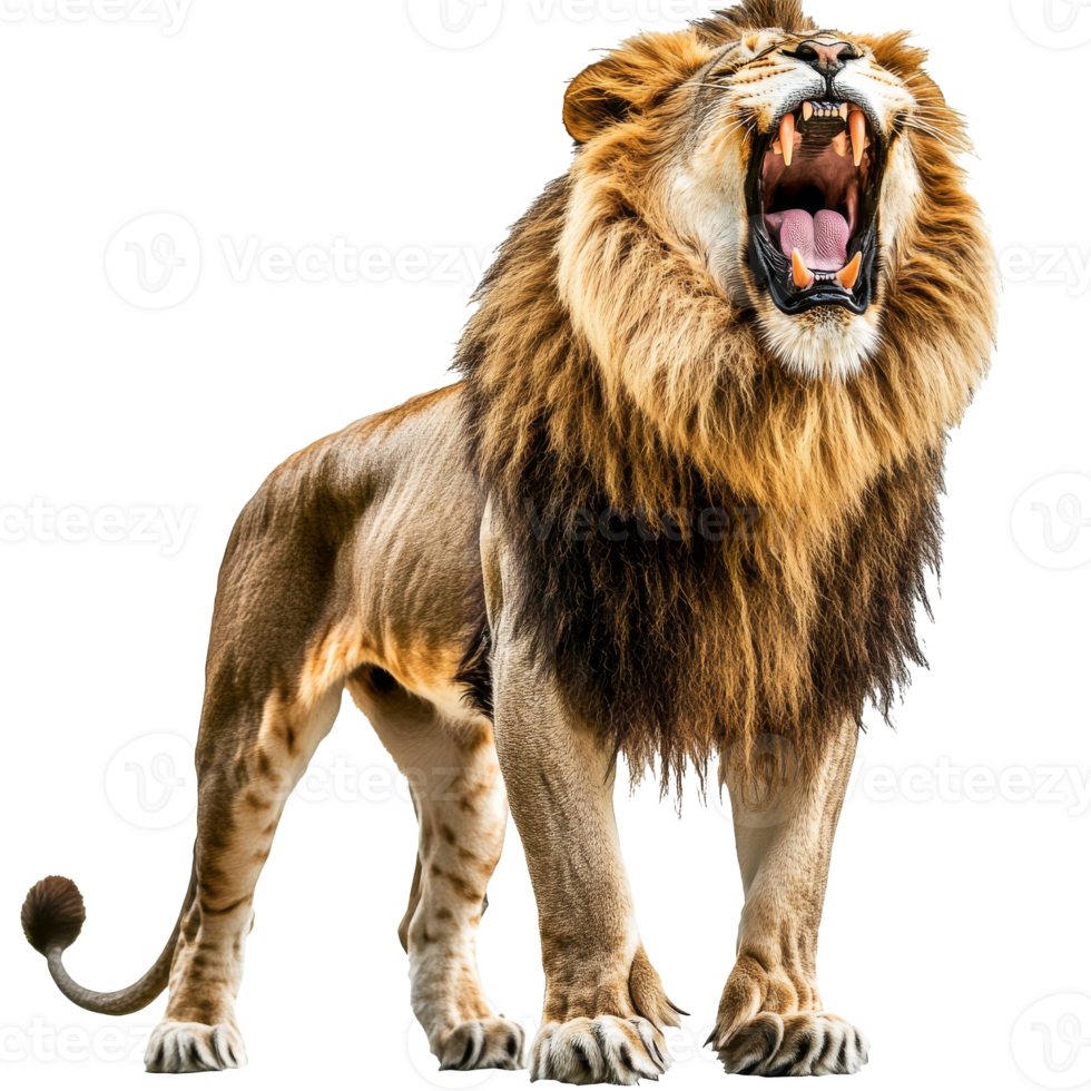 Majestic lion roaring in a powerful stance png