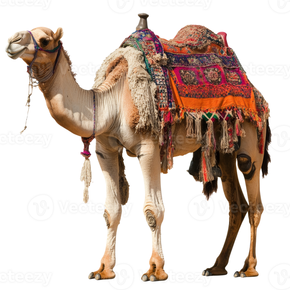 Camel with colorful saddle decorations in desert png
